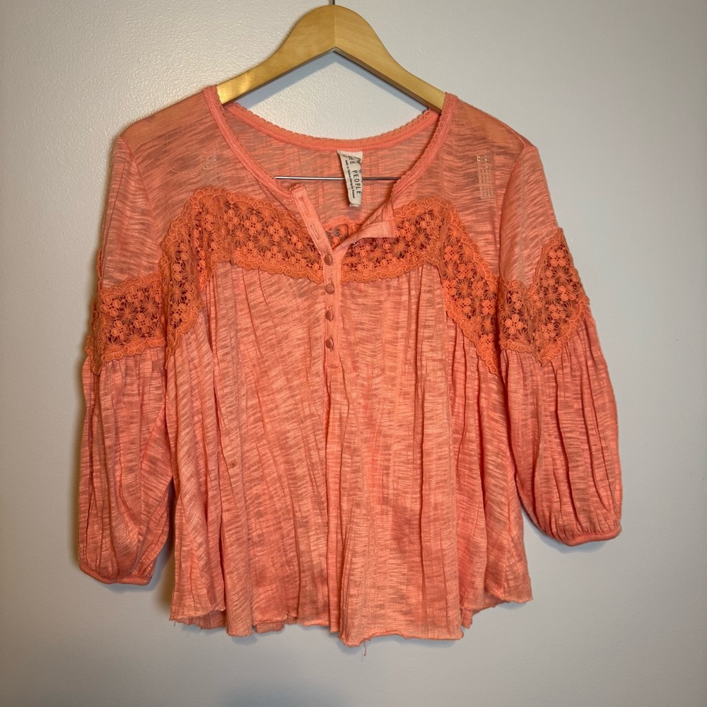 Free People Peach Orange Lace Cutout Top Size S Cropped Blouse 3/4 Sleeve Boho